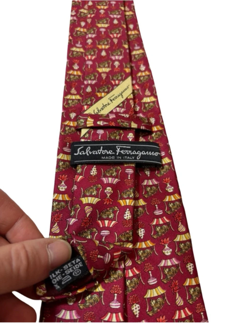 Salvatore Ferragamo Silk Tie Red Novelty Tiger Vase Print Italy Luxury Designer